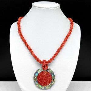 Red Coral Seed Beaded Necklace With Abalone Shell